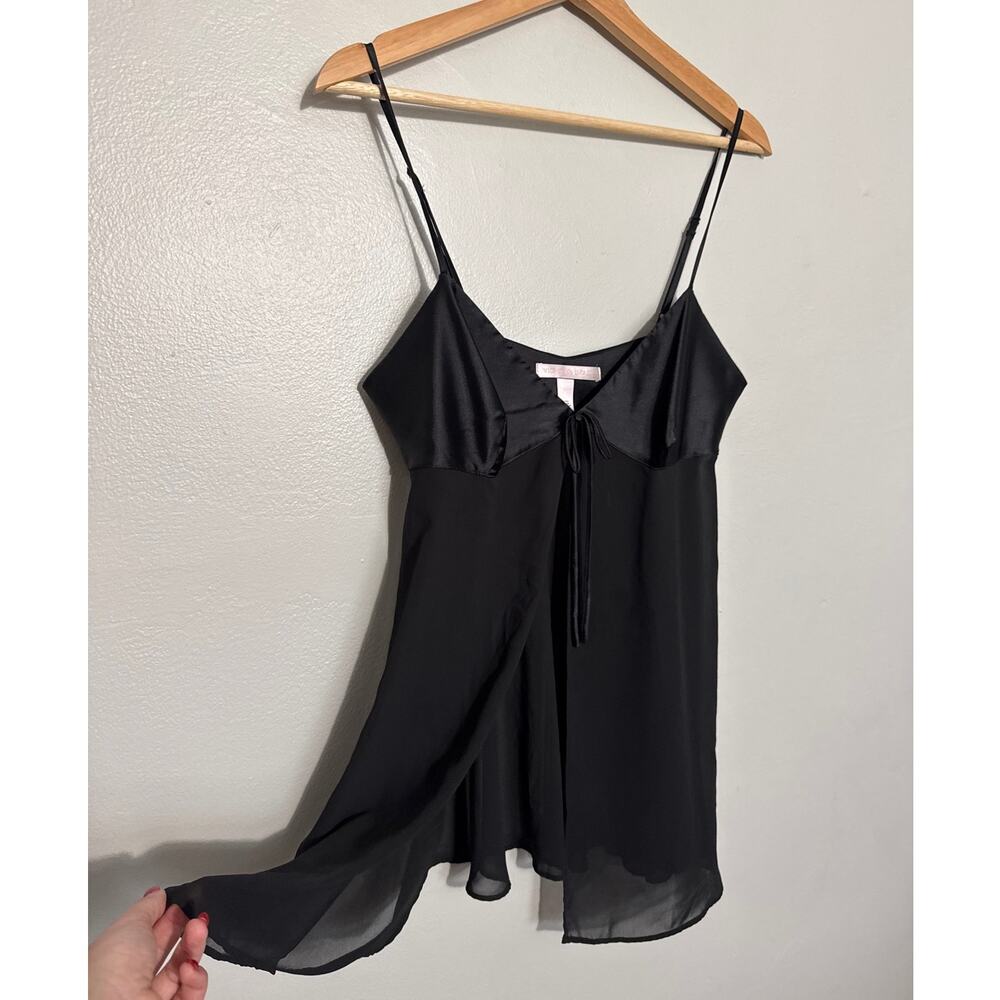Women's Size M Y2K 2000s Victoria's Secret Black Satin Slip Babydoll Top Bow